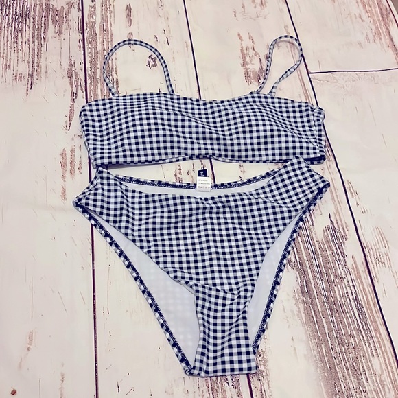 Gingham swim suit- 2 piece- new without tags - size medium top and bottom - navy - Picture 1 of 3